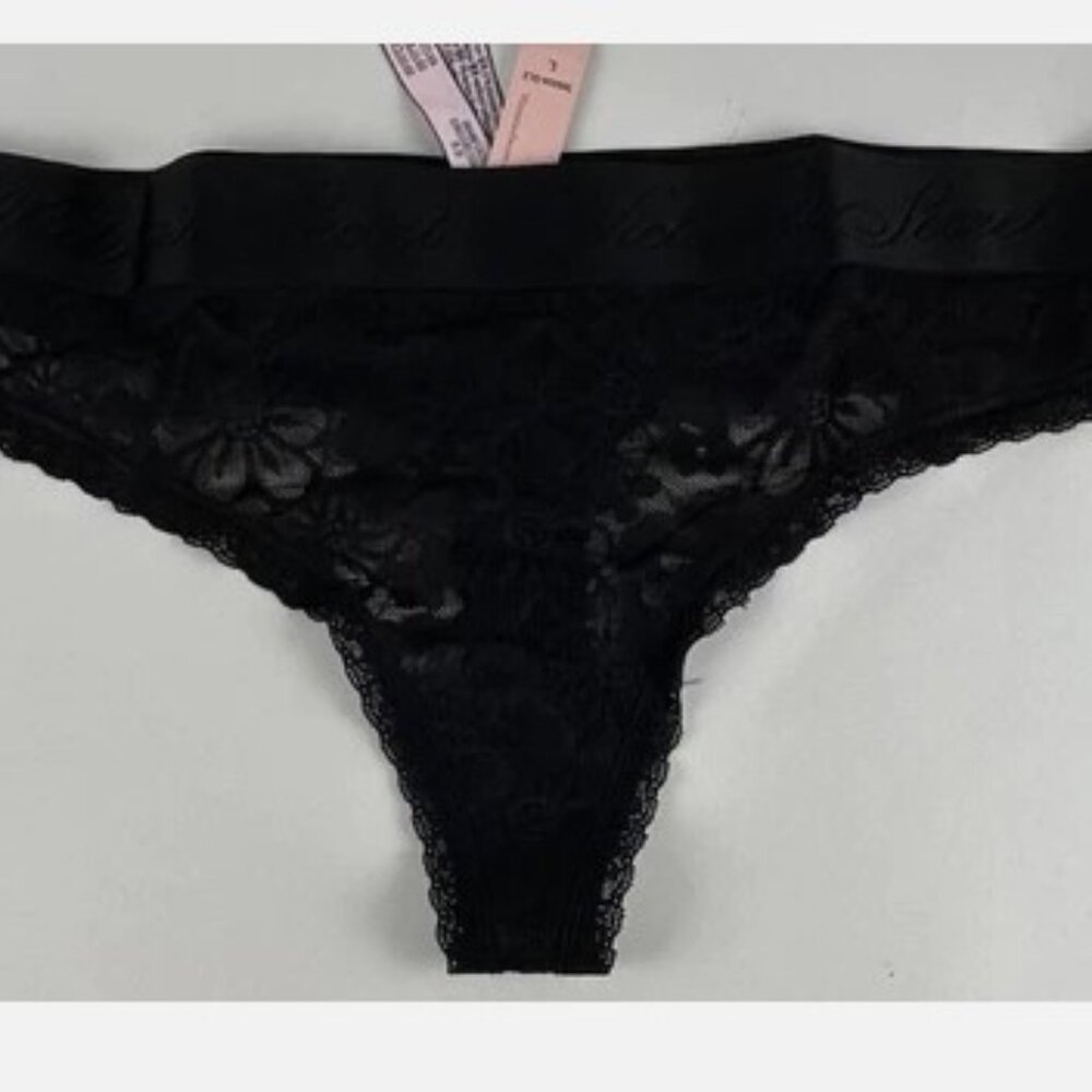 NWT Victorias Secret Black Lace Thick Logo Band Thong Panties Sz L